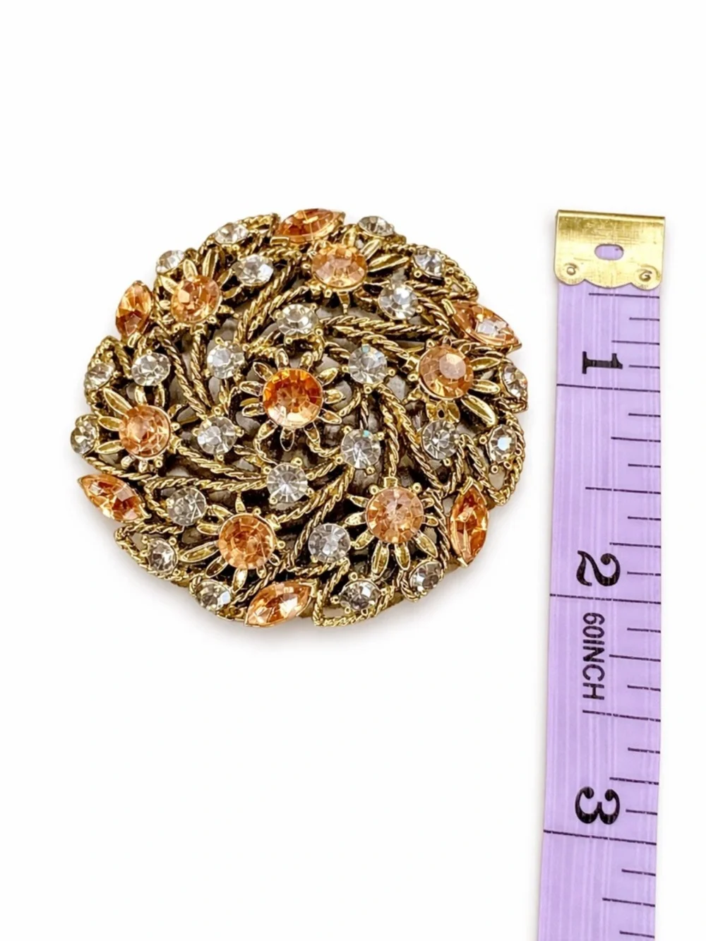 Vintage Large Gold Tone Rhinestone Floral‎ Brooch – Champagne & Clear Stones